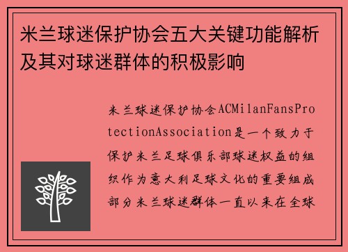 米兰球迷保护协会五大关键功能解析及其对球迷群体的积极影响